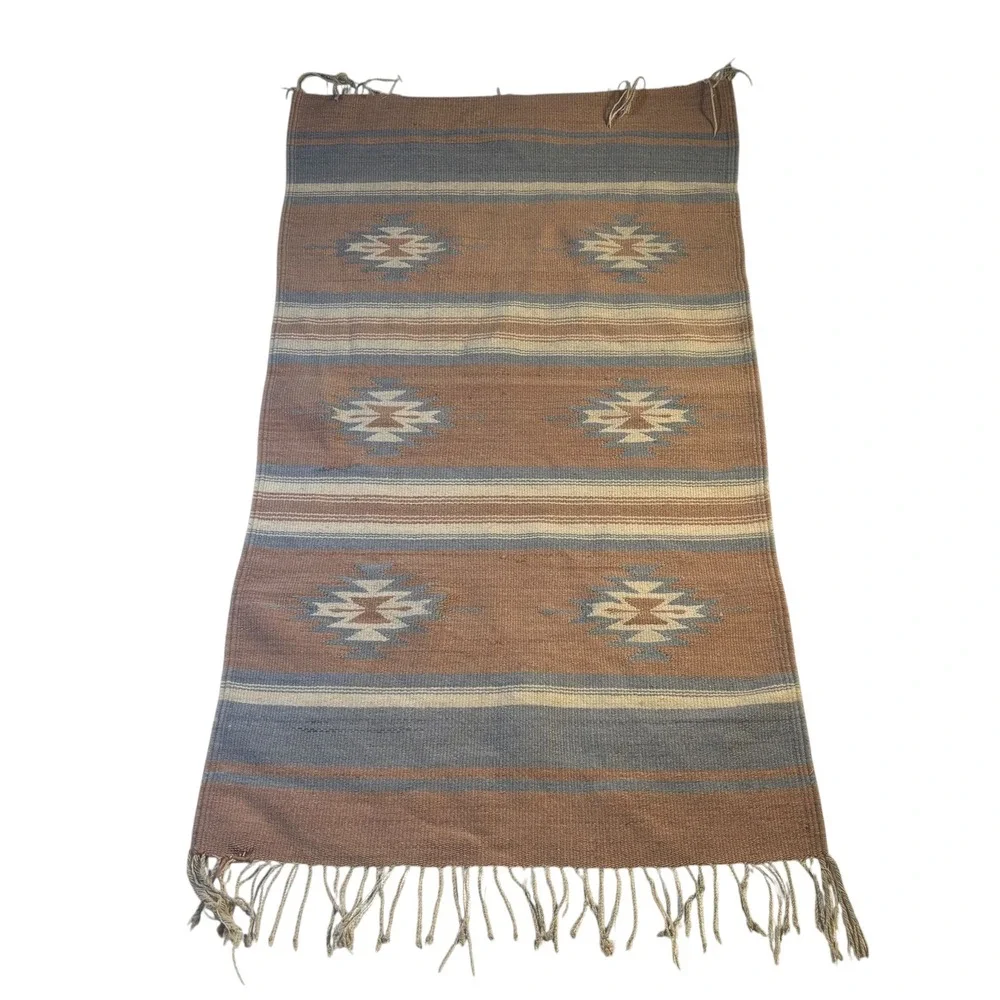 Southwestern Handwoven Wool Rug Tapestry Geometric Diamond Terracotta Blue 24x41
